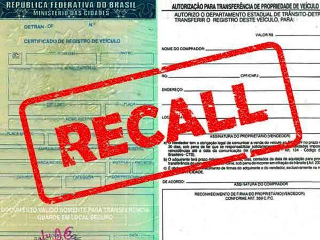 No realizao de recall vai gerar aviso no documento do veculo; acima, apenas uma ilustrao